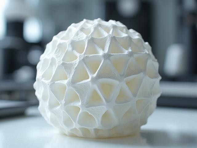Nahaufnahme einer 3D-gedruckten Keramikstruktur vor Laborhintergrund.