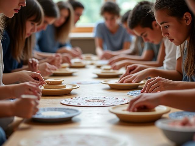 Workshop-Teilnehmer arbeiten an Keramikstücken mit geometrischen Mustern.