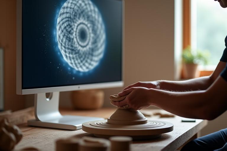 Hände arbeiten mit Ton an einem Drehteller, daneben ein Computermonitor mit komplexen mathematischen Mustern