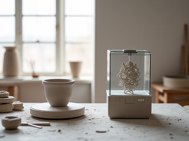 Keramikstudio, das traditionelle Töpferscheiben und einen 3D-Keramikdrucker in dynamischem Kontrast zeigt.
