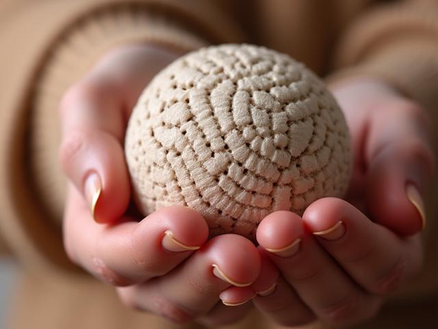 Nahaufnahme einer Hand, die eine Keramikform hält, die mit einem mathematisch generierten Muster verziert ist.
